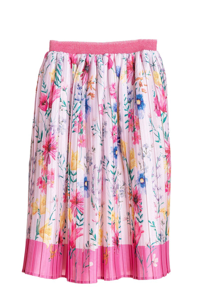 Bright flowers pleated skirt with fuchsia waist