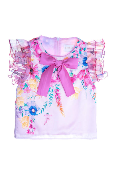 Bright flowers satin top with fuchsia bow