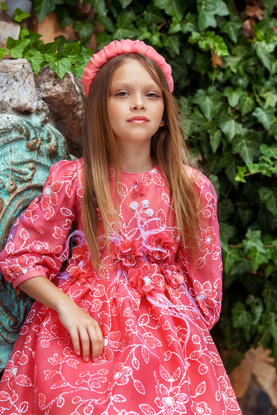 Coral tulle dress with hand-made shimmering flowers