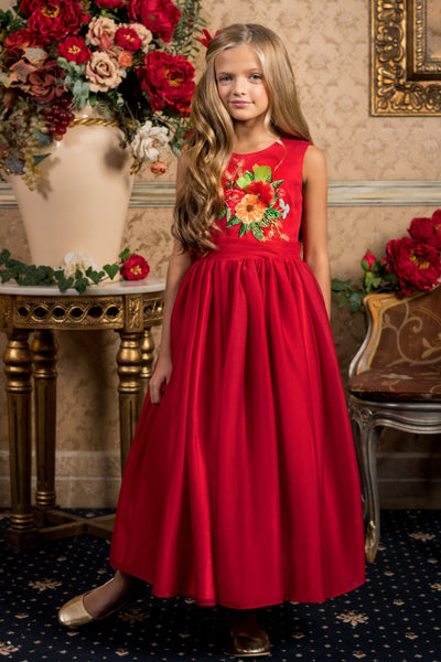 Red tulle dress with handmade embroidery and bow on the waist