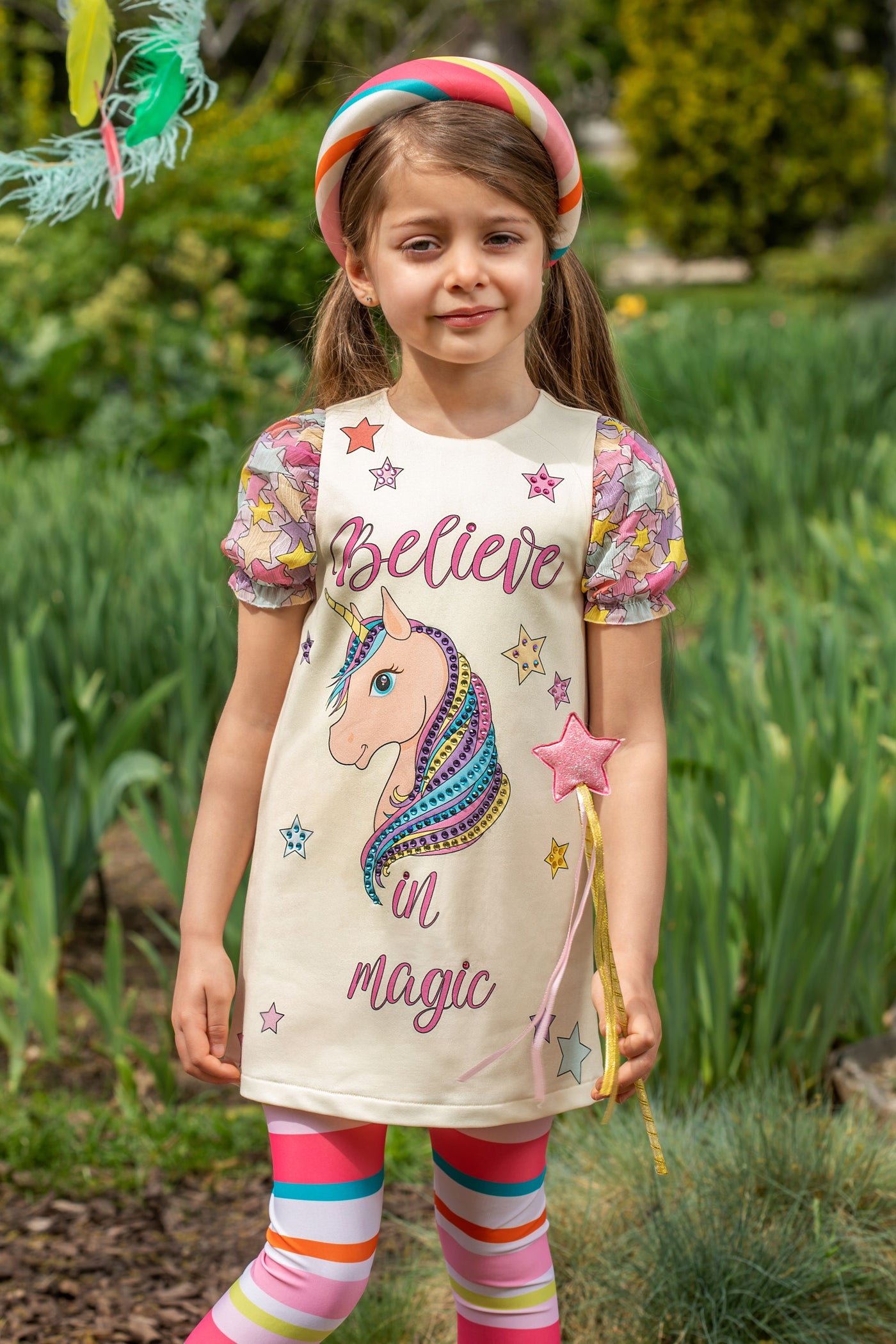 Yellow jersey tunic dress with unicorn with crystals