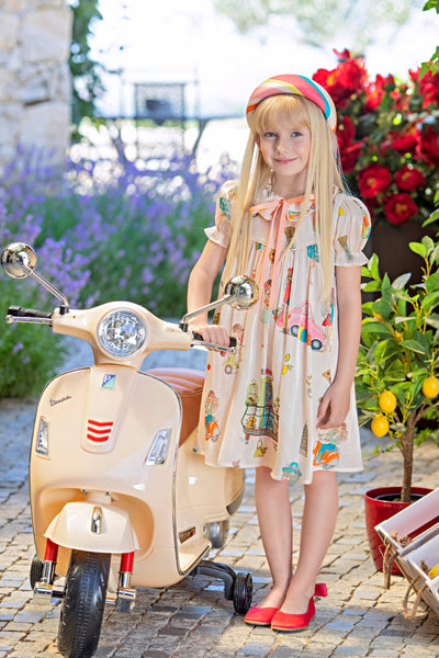 Ivory shiny Ciao Italia dress with collar and bow