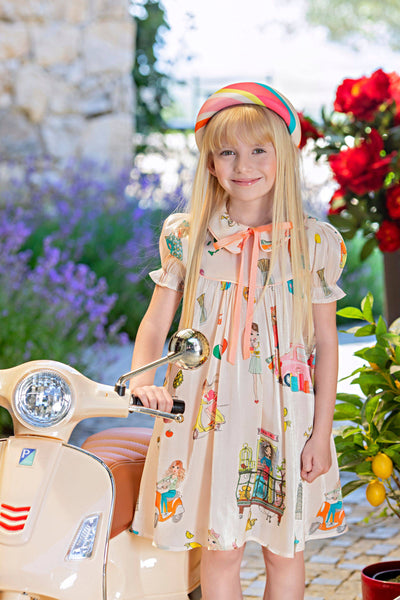 Ivory shiny Ciao Italia dress with collar and bow