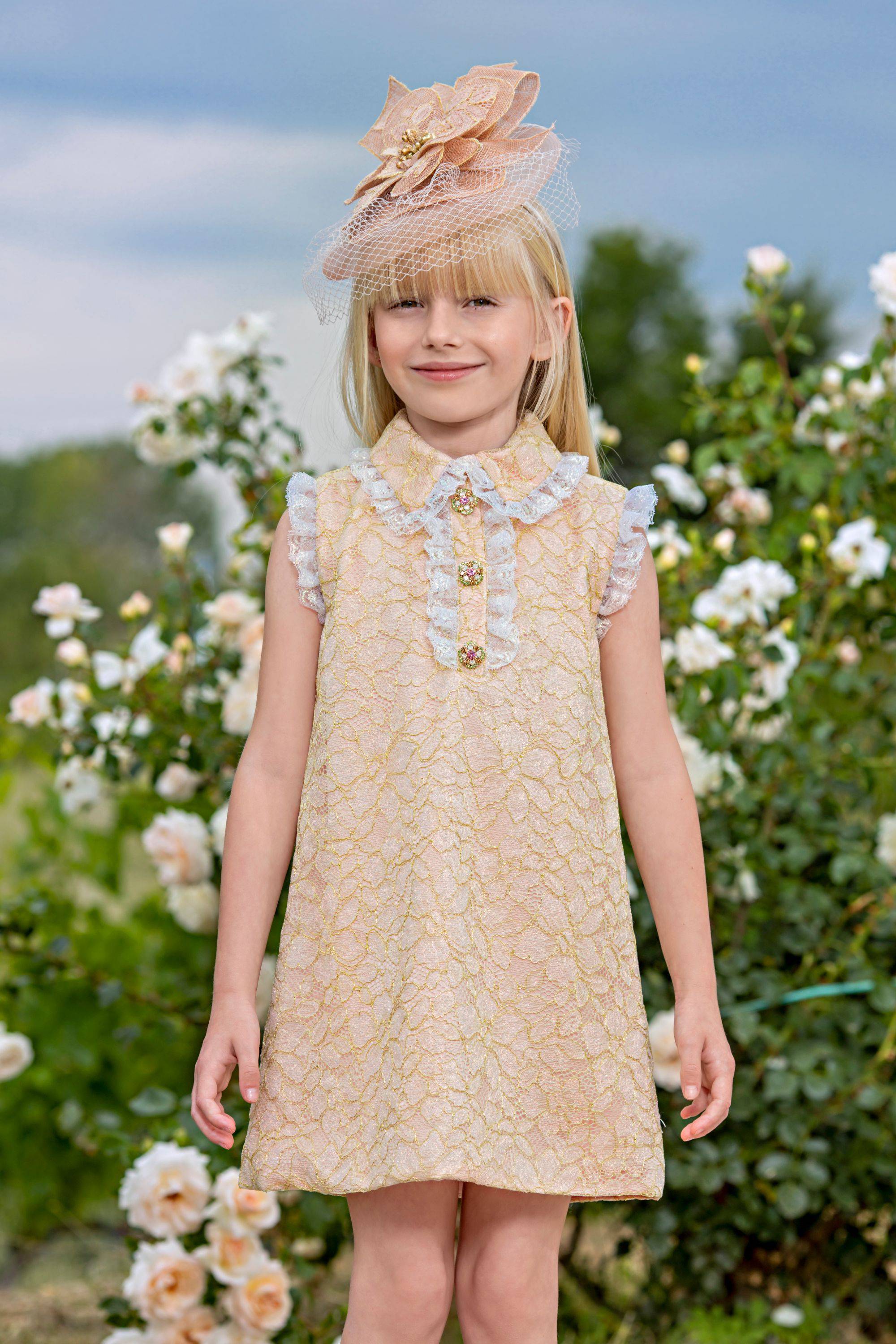 Pink-gold-metallic chameleon lace dress with collar and Swarovski buttons