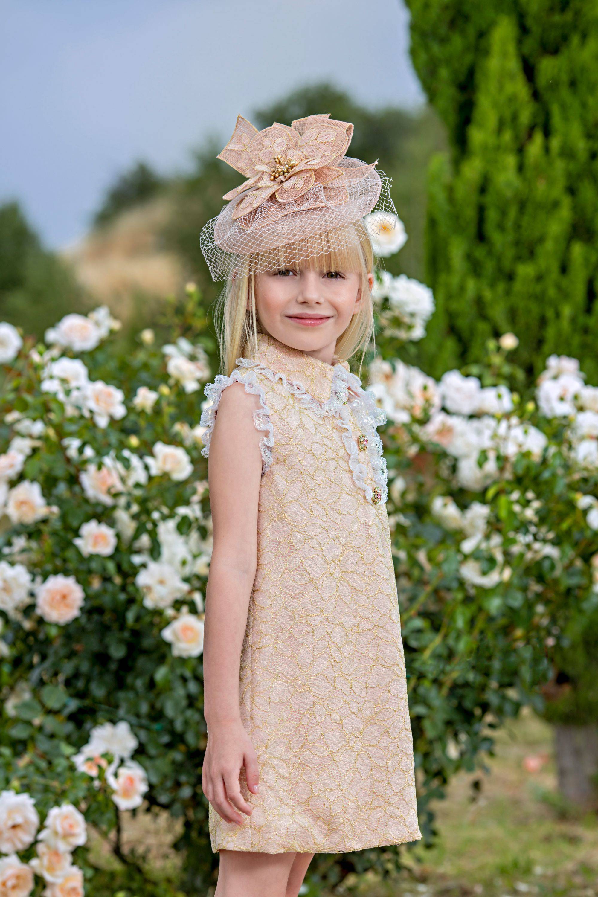 Pink-gold-metallic chameleon lace dress with collar and Swarovski buttons