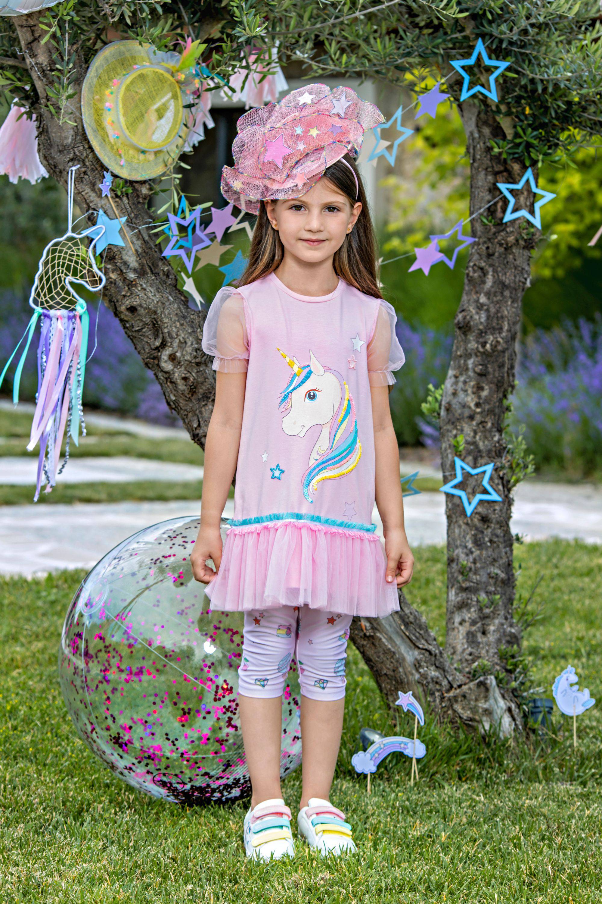Pink jersey tunic dress with hand-embellished unicorn and tulle sleeves and frills