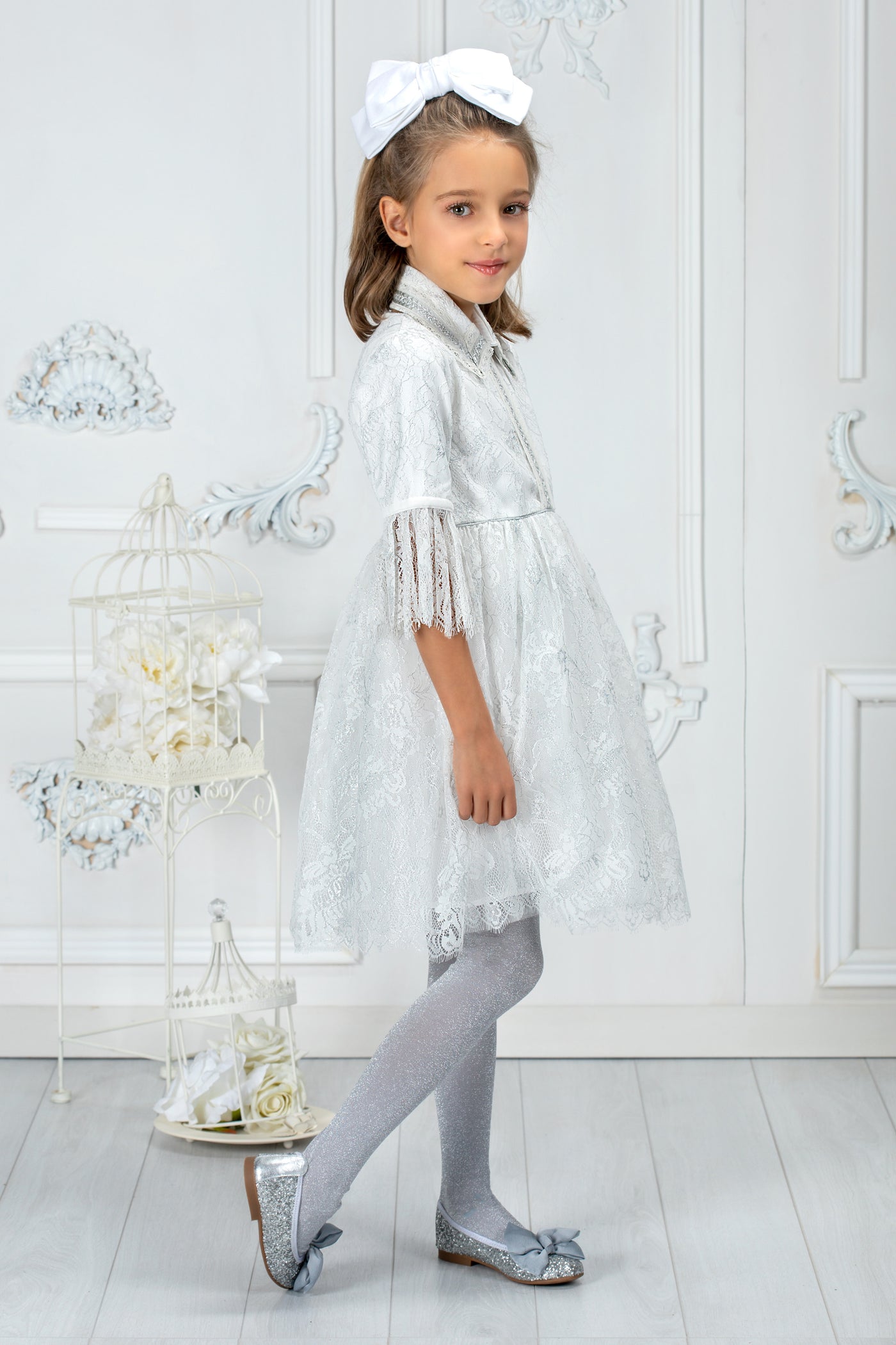 White and silver lace dress with pleated sleeves and collar