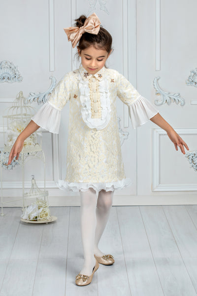 Off-white lace dress with chiffon sleeves and stars embroideries