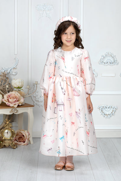 Silky ivory dress with ballet print and long sleeves