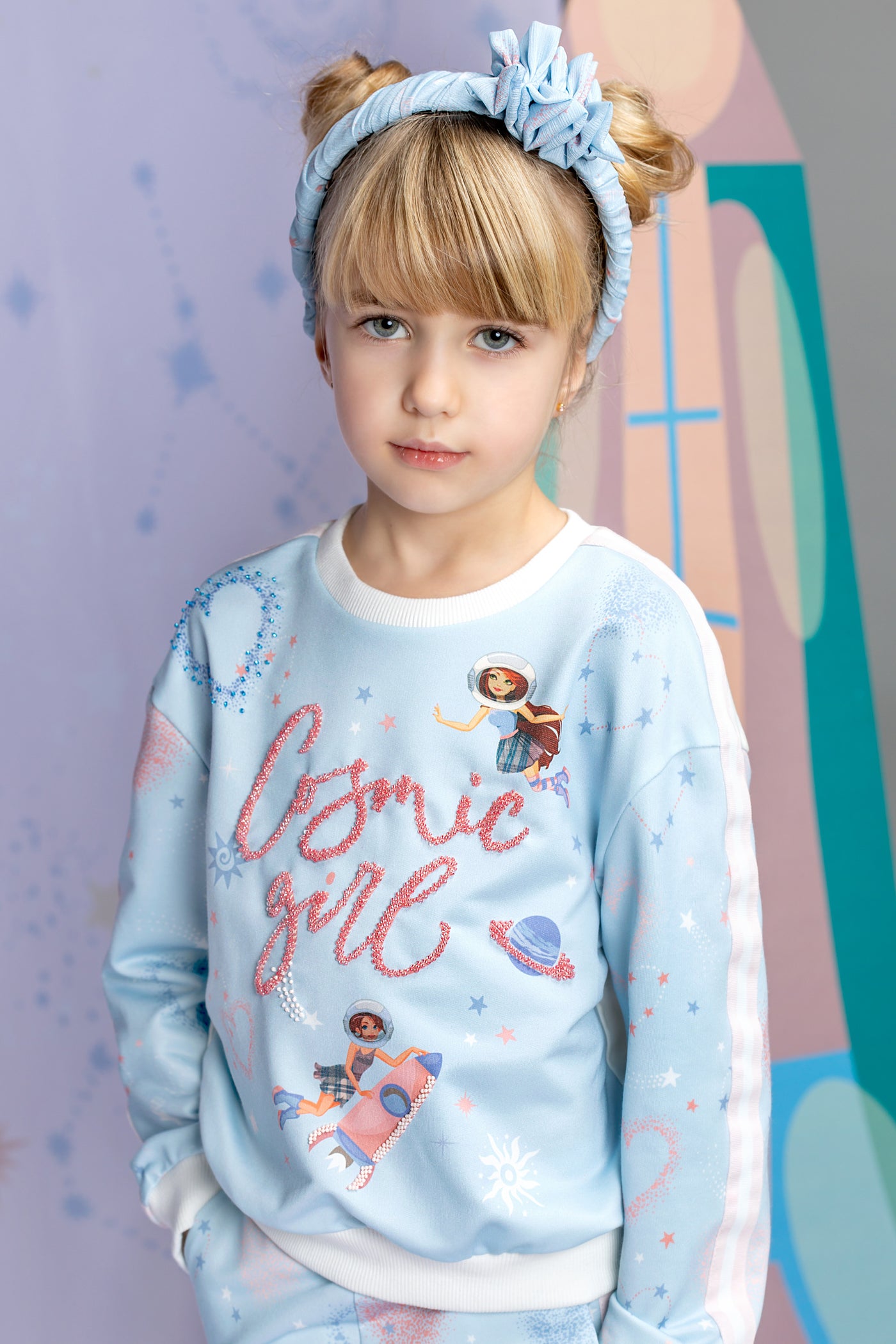 Light blue Cosmic girl printed tracksuit with handmade embellishments