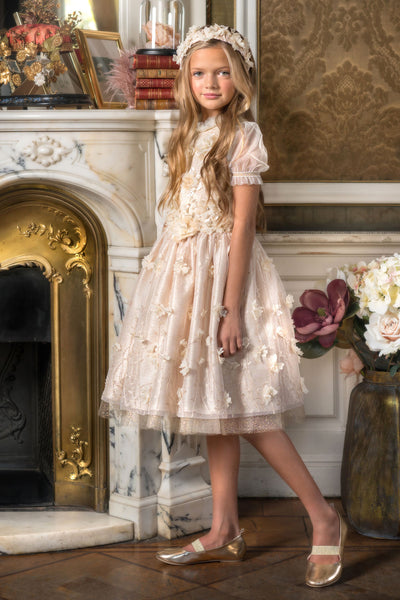 Ecru shimmering tulle dress with hand-made flowers