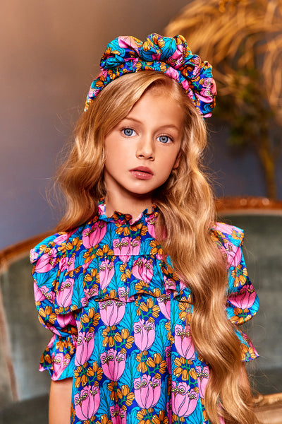 Girls colorful silk dress with abstract floral print