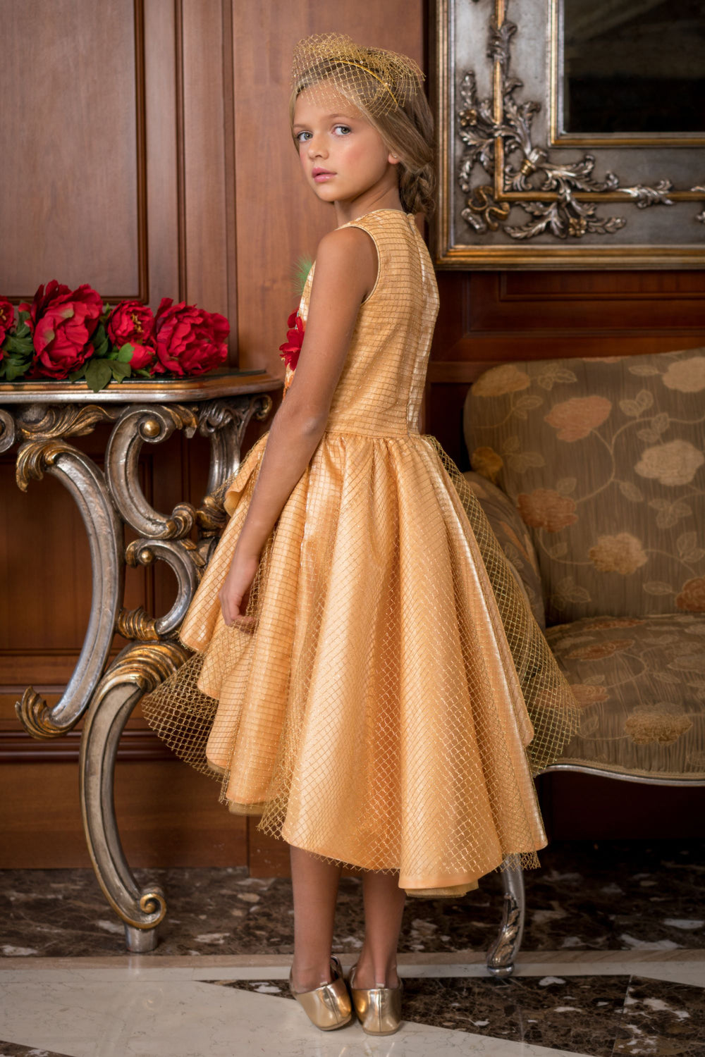 Gold organza tulle dress with hand-made red flowers