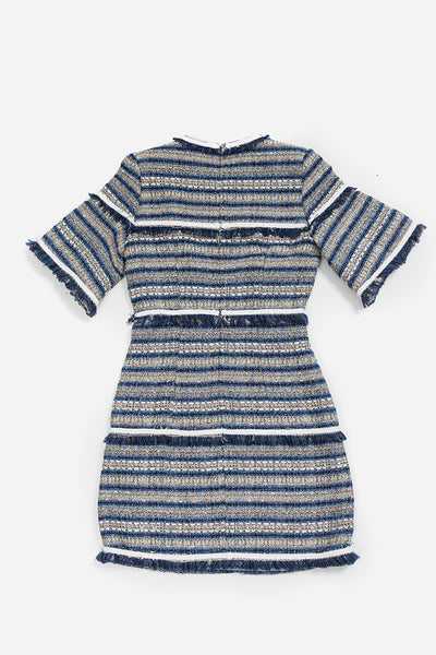 Blue textured dress with short sleeves