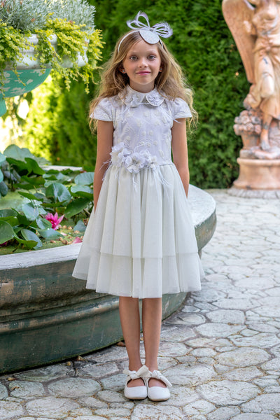 Ivory shimmering tulle dress with hand-made flowers