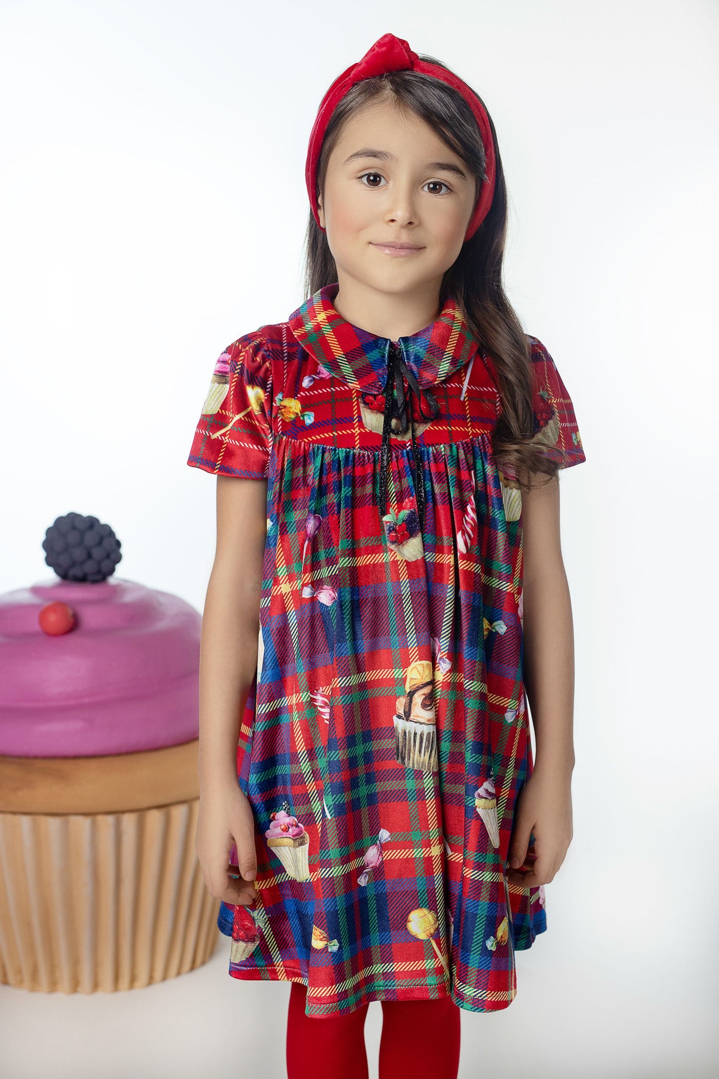 Red checkered velvet dress with candies print and black bow