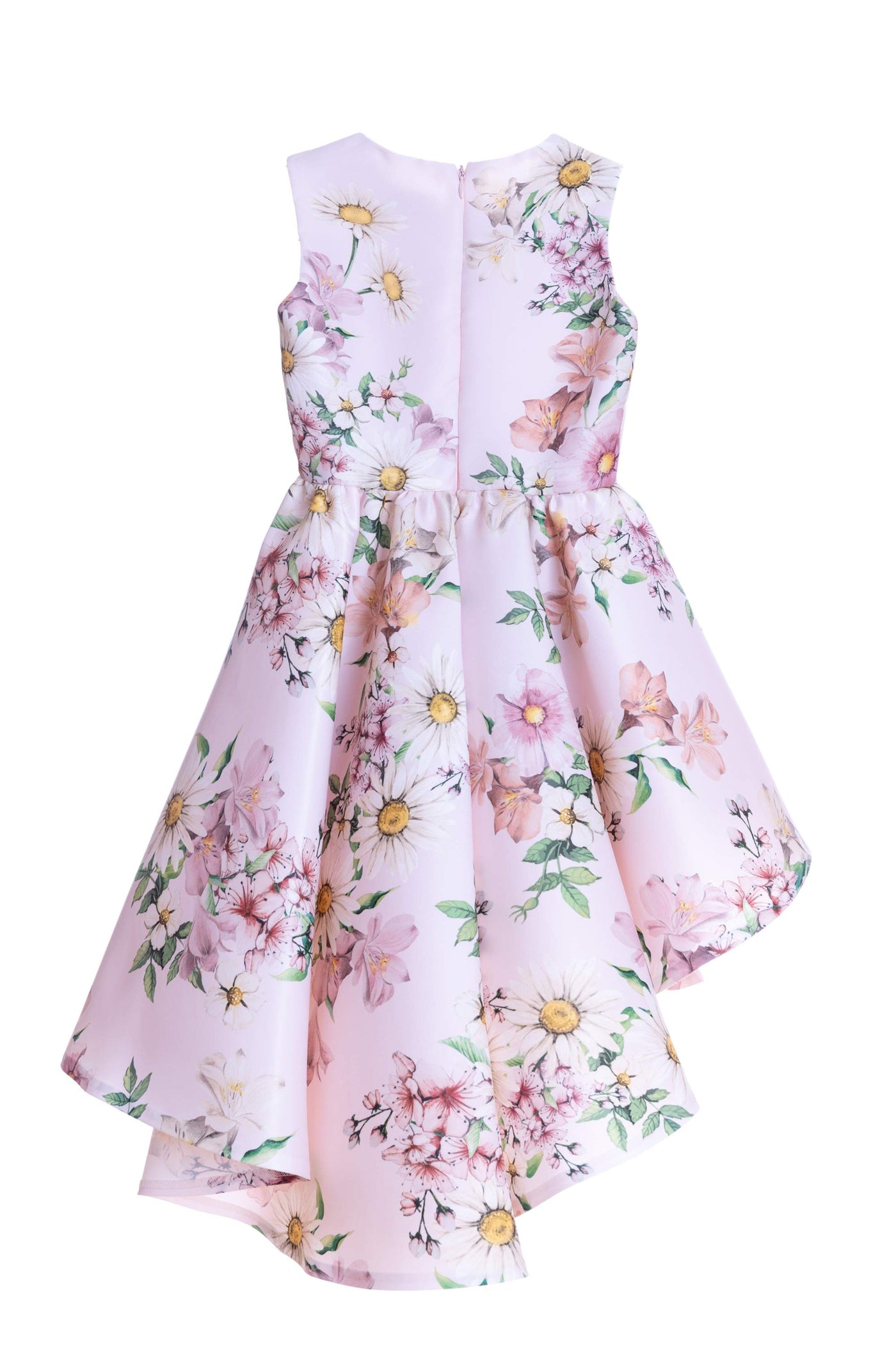 Light pink satin floral asymmetrical dress with hand-embellishments