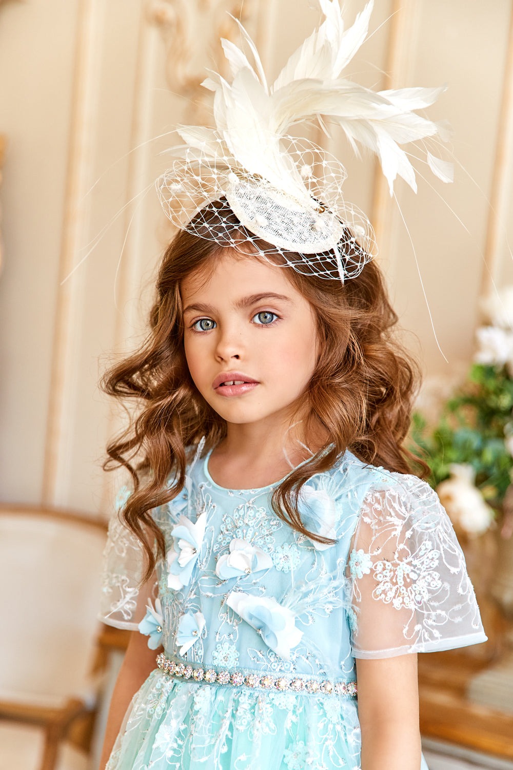 Light blue and white floral lace dress with hand-made flower and feathers decoration and crystal waist embellishment