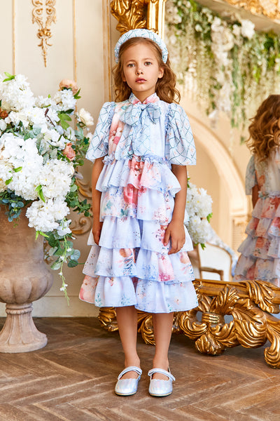 Light blue chiffon floral layered dress with pussy bow