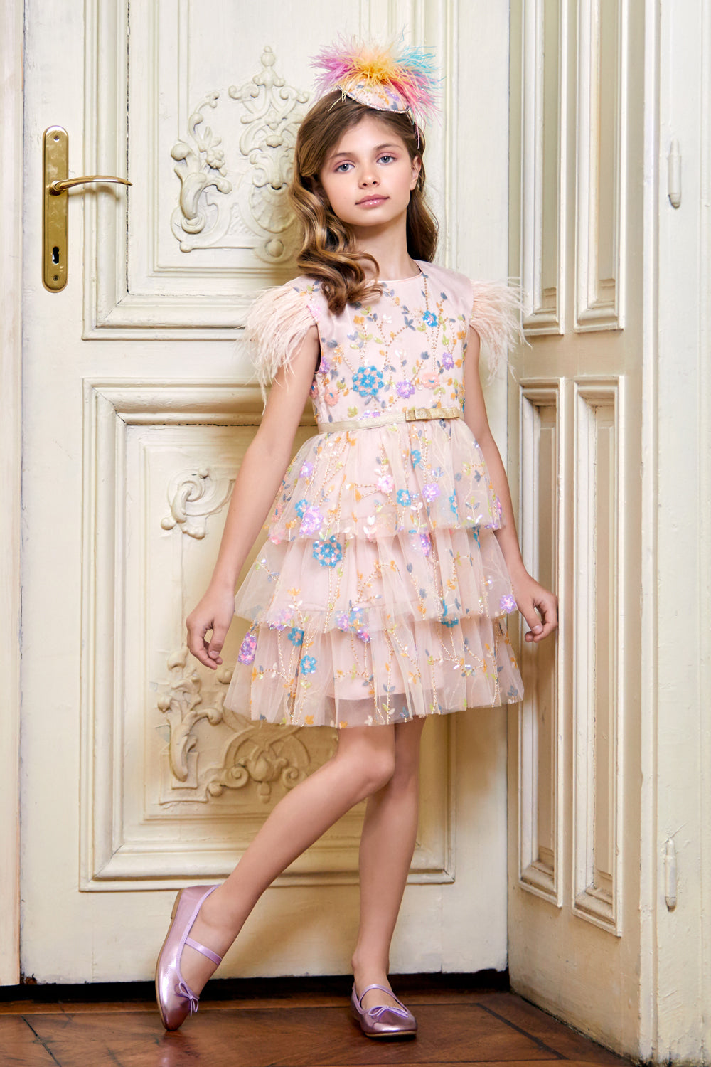 Light pink sequin floral tulle layered dress with feathers