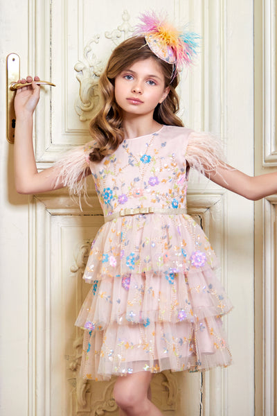 Light pink sequin floral tulle layered dress with feathers