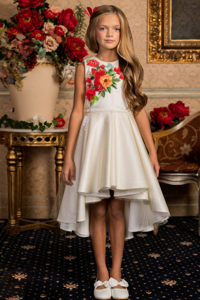 Asymmetrical shimmering white tull dress with hand-made flowers