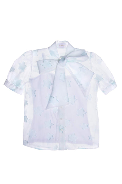 Off-white and light blue stars viscose shirt with pussy bow