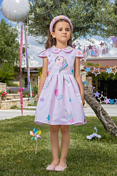 Pale pink unicorn dress with collar and hand-embellishments
