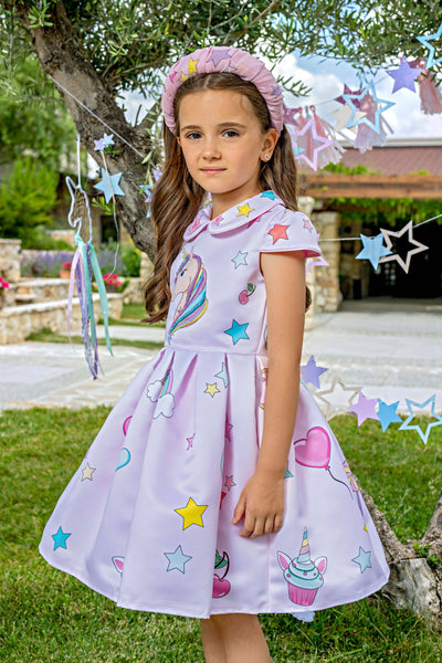 Pale pink unicorn dress with collar and hand-embellishments