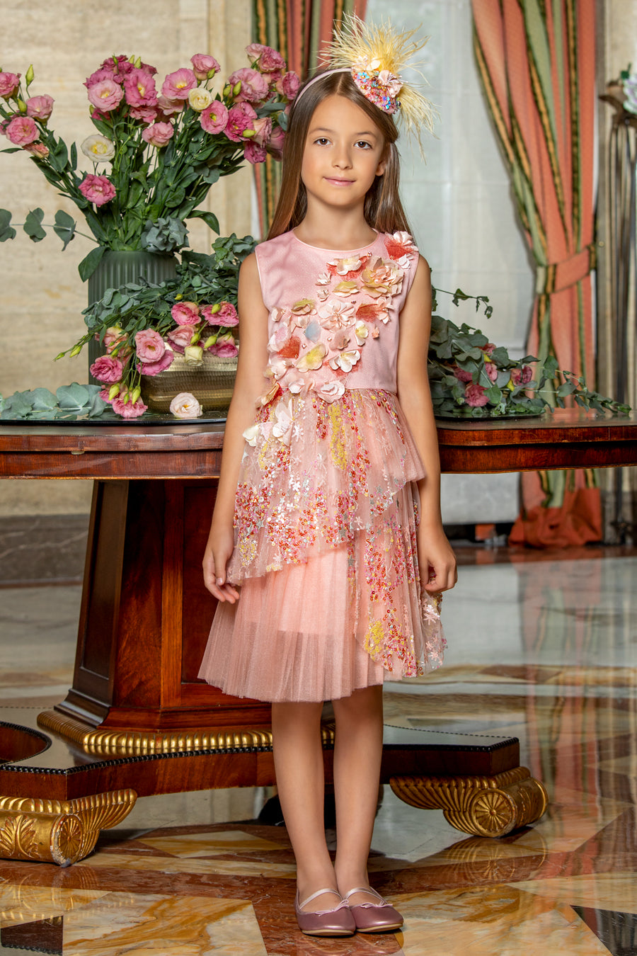 Peach asymmetrical layered sequin dress with handmade embellishments