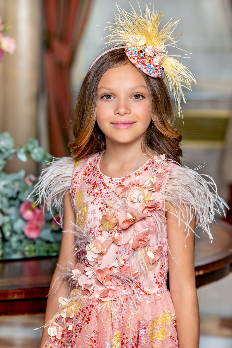 Peach asymmetrical sequin dress with handmade embellishments
