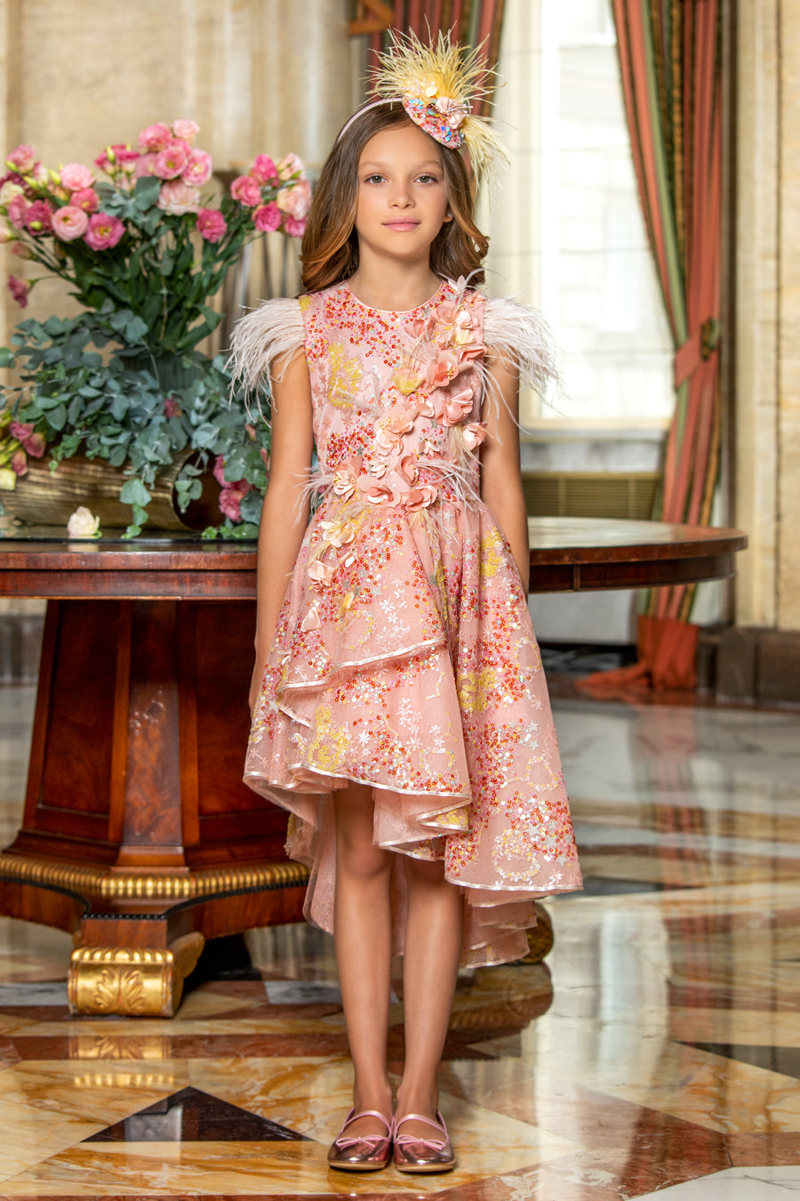 Peach asymmetrical sequin dress with handmade embellishments