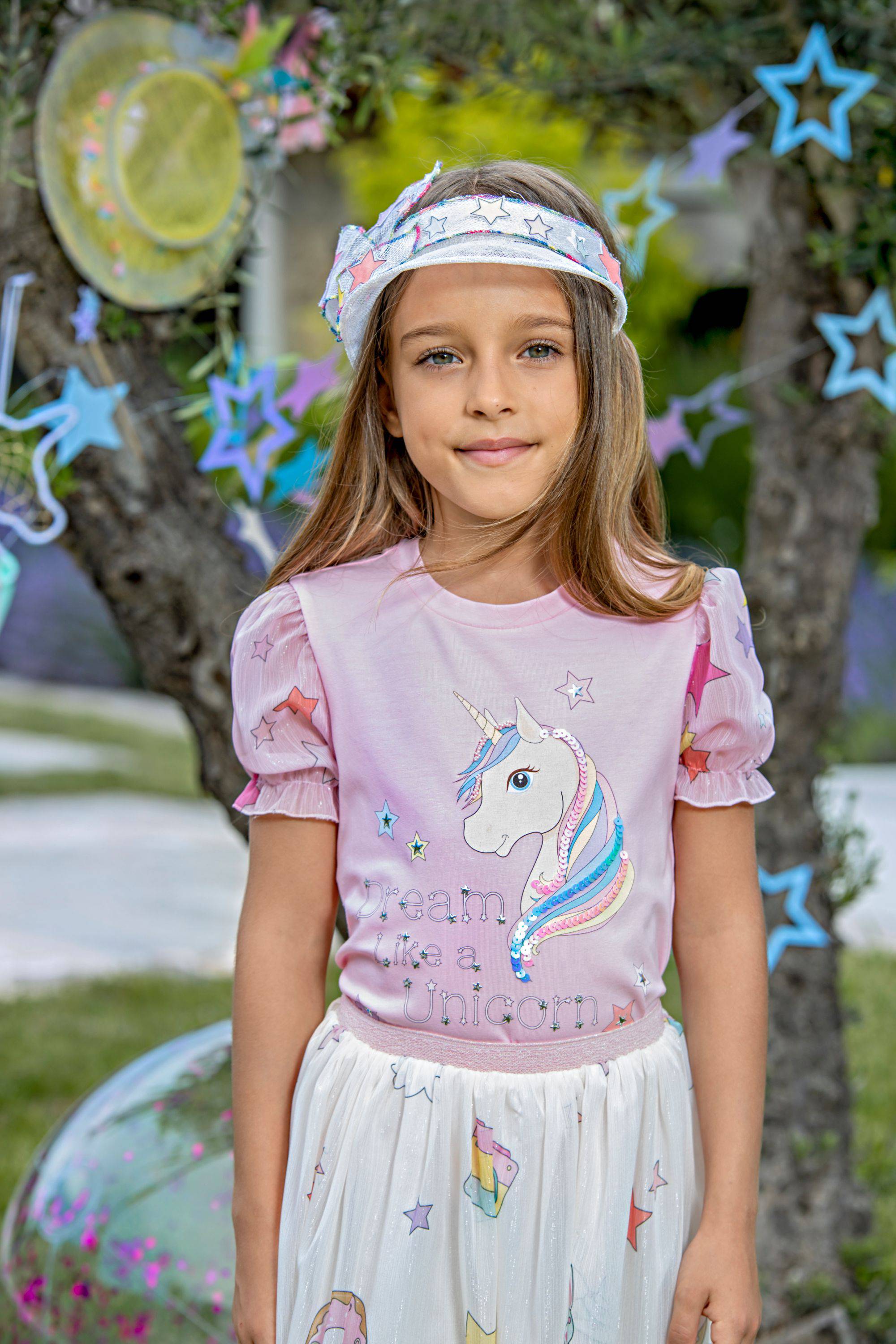 Pink Dream Like a Unicorn hand-embellished t-shirt with chiffon sleeves