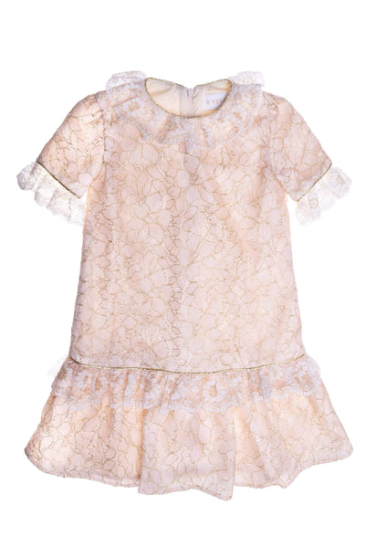 Pink-gold-metallic chameleon lace dress with lurex lace frills