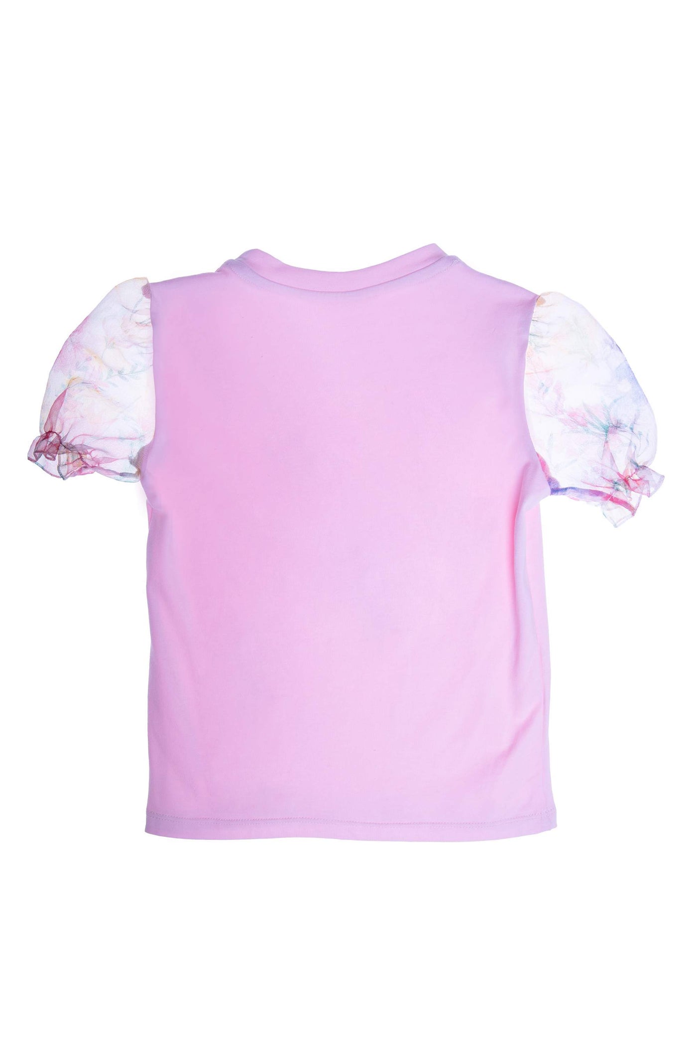 Pink hand-embellished floral t-shirt with organza sleeves