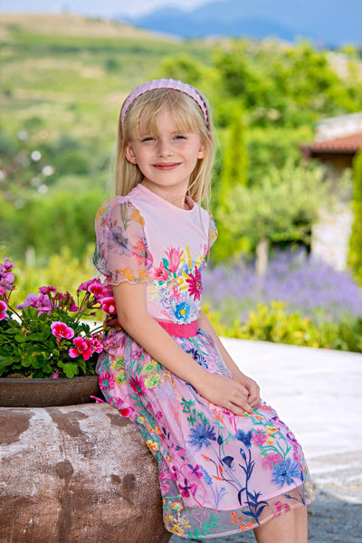 Pink hand-embellished floral t-shirt with organza sleeves
