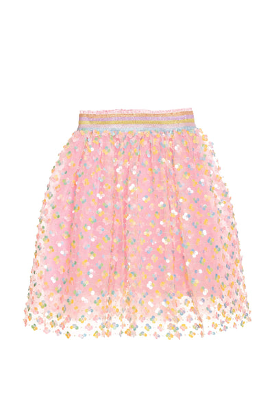 Pink sequin tulle skirt with mulitcolor elastic waist