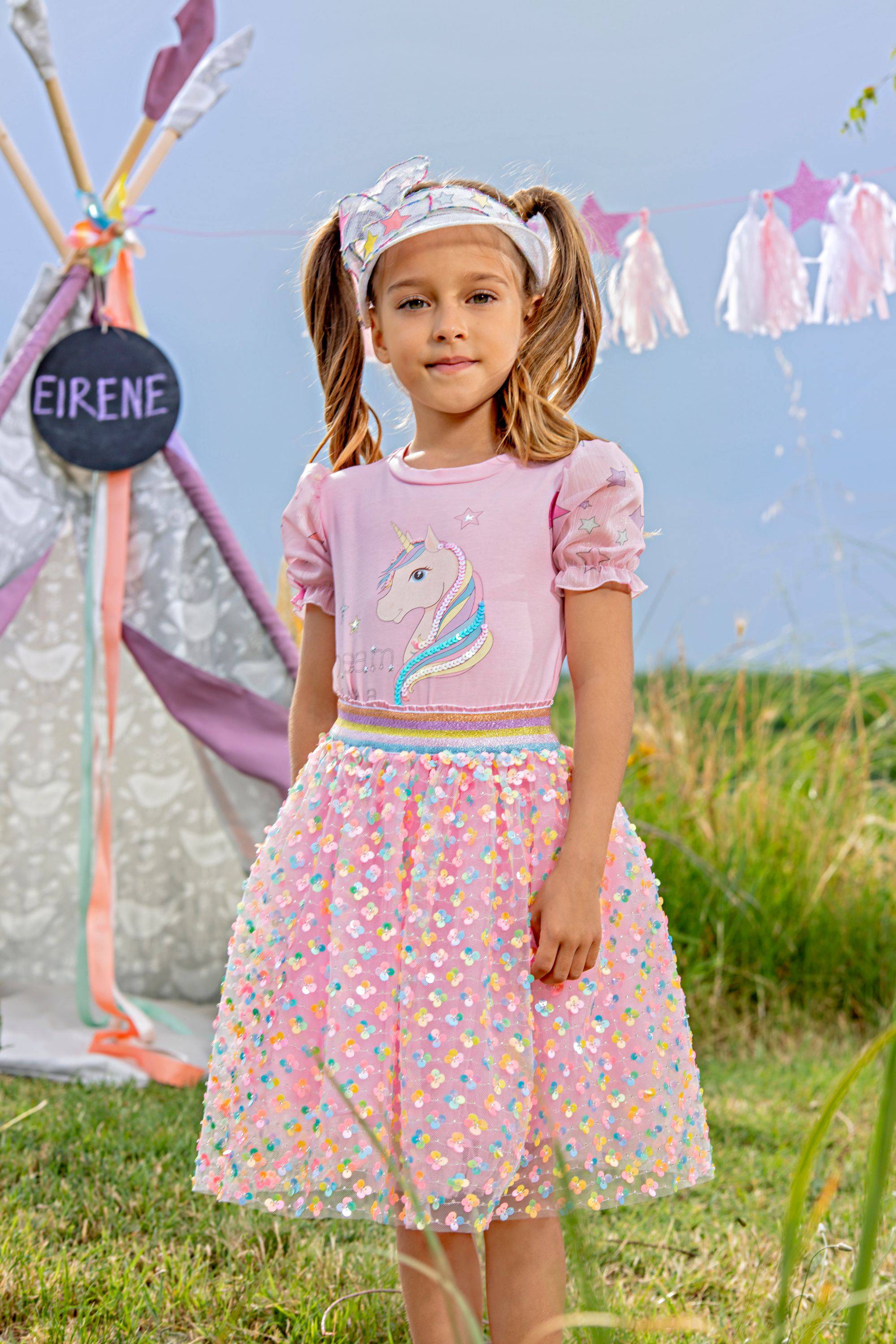 Pink sequin tulle skirt with mulitcolor elastic waist