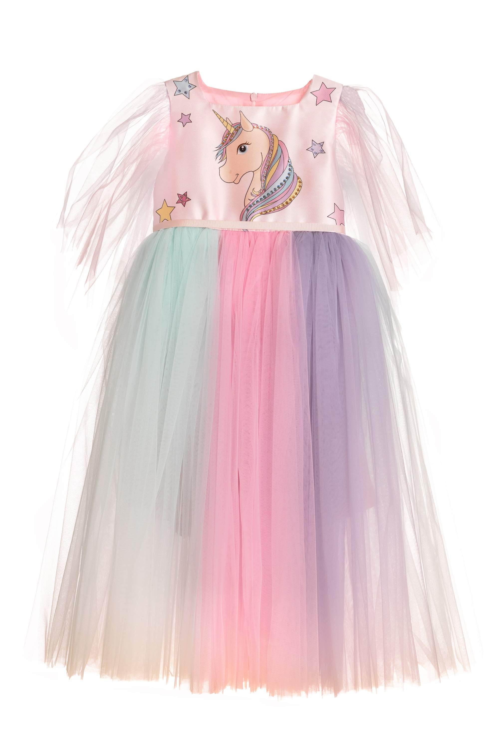 Pink unicorn dress with multi-color tulle and Swarovski crytsals