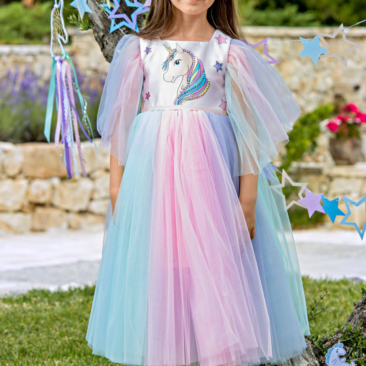 Pink unicorn dress with multi-color tulle and Swarovski crytsals