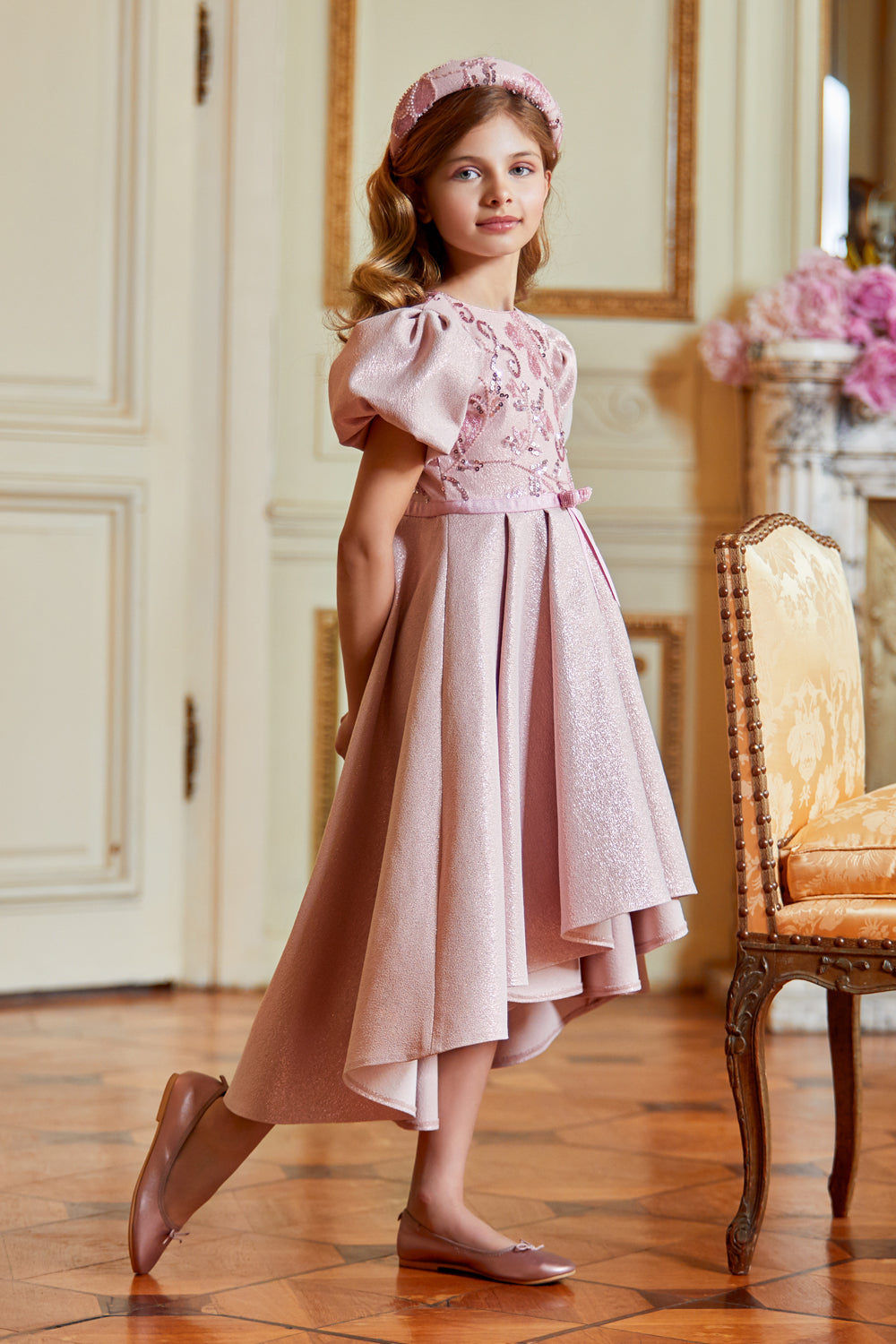 Powder pink shimmering  dress with sequin lace, beaded bow and puffed sleeves
