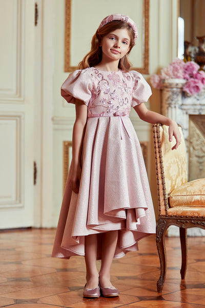 Powder pink shimmering  dress with sequin lace, beaded bow and puffed sleeves