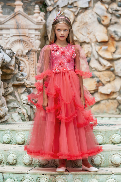 Puffed long coral tulle dress with hand-made shimmering flowers
