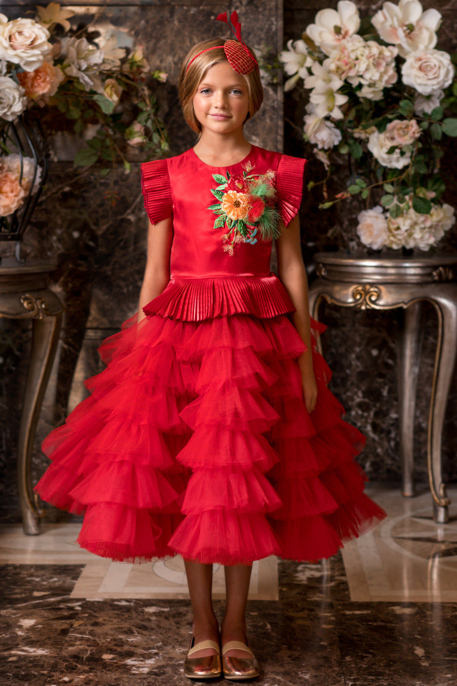 Red tulle dress with handmade embroidery and ruffles