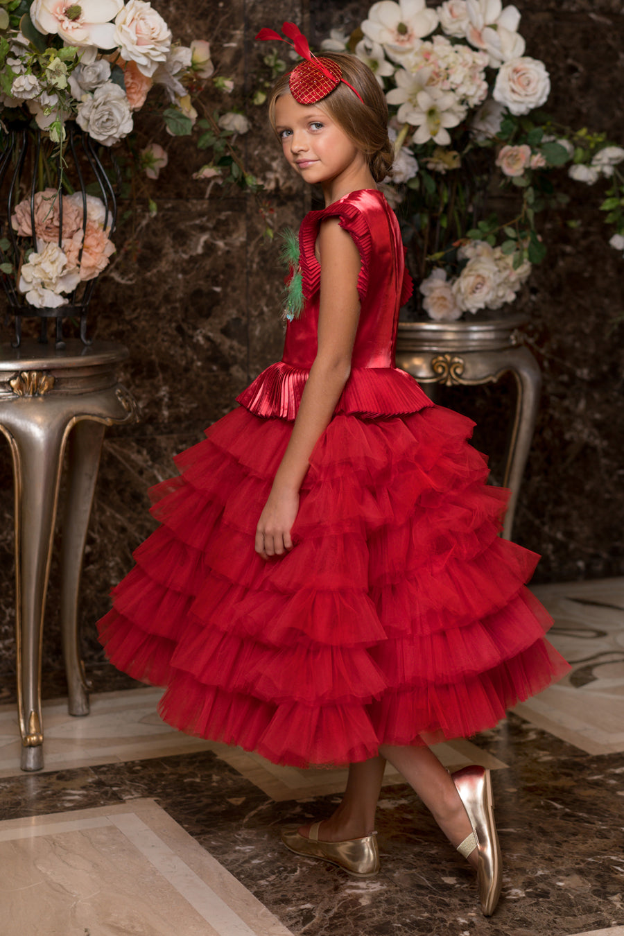 Red tulle dress with handmade embroidery and ruffles