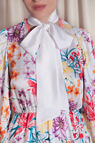 White floral long dress with pussy bow