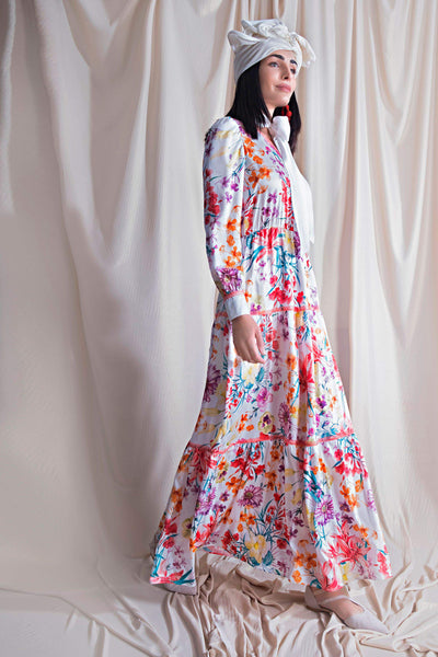 White floral long dress with pussy bow