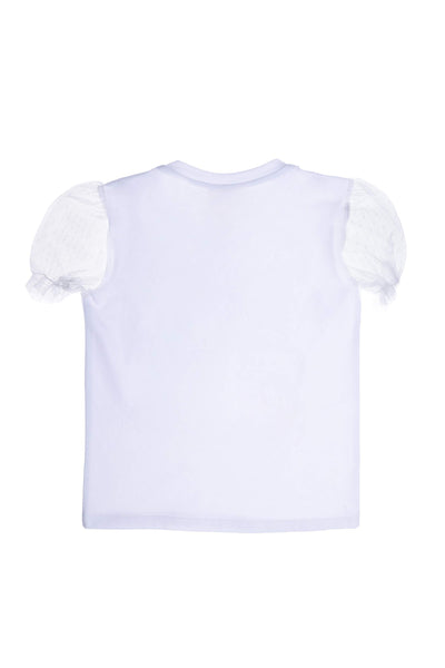 White hand-embellished unicorn t-shirt with tulle sleeves