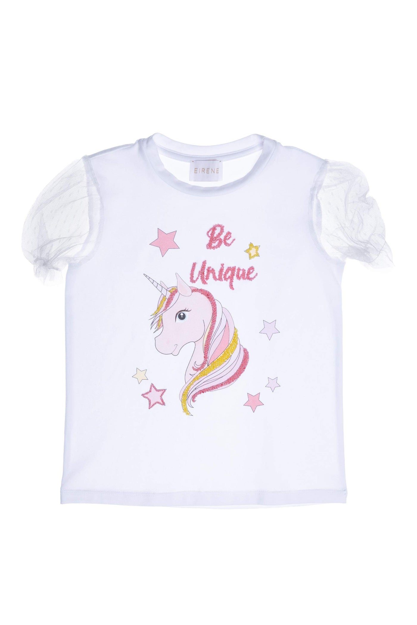 White hand-embellished unicorn t-shirt with tulle sleeves