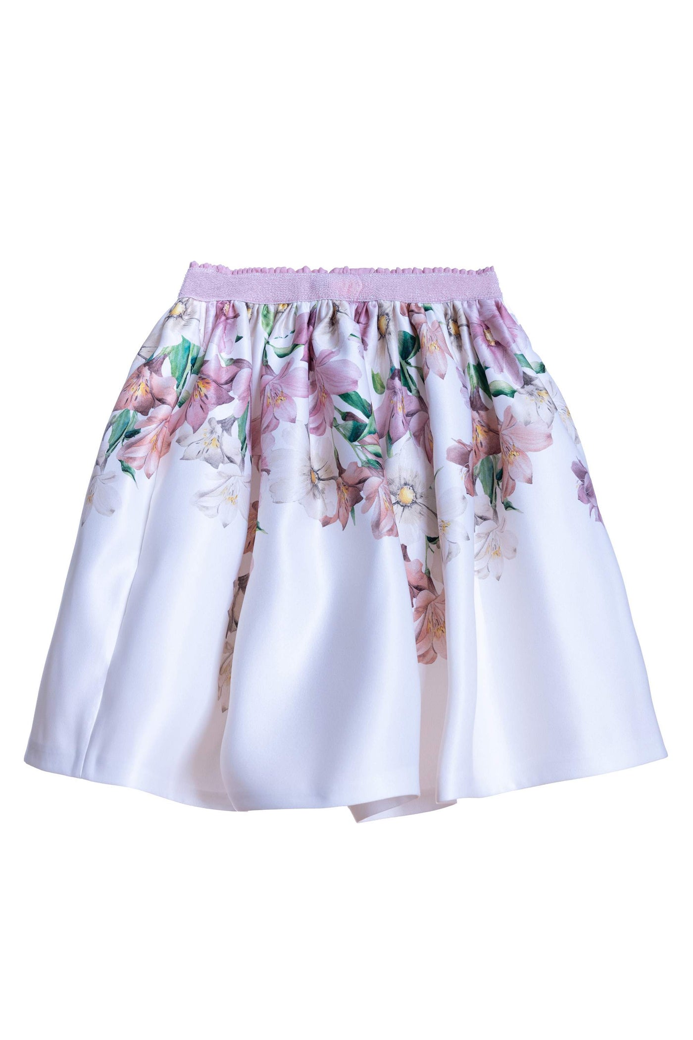 White satin floral skirt with pink elastic belt